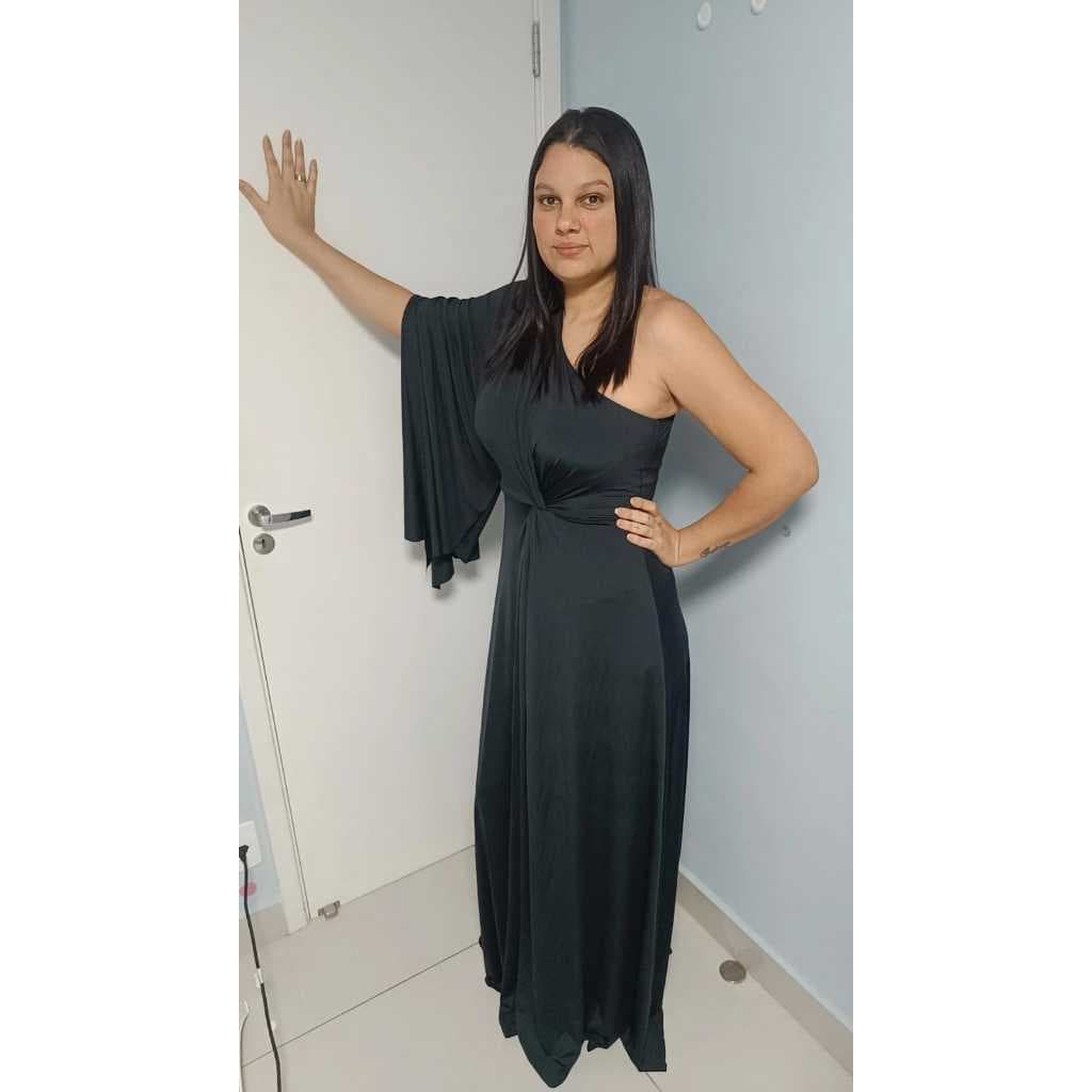 Vestido de festa feminino convidada madrinha cha de bebe Uma Manga Só Capa Longa gestantes gravida não fica transparente