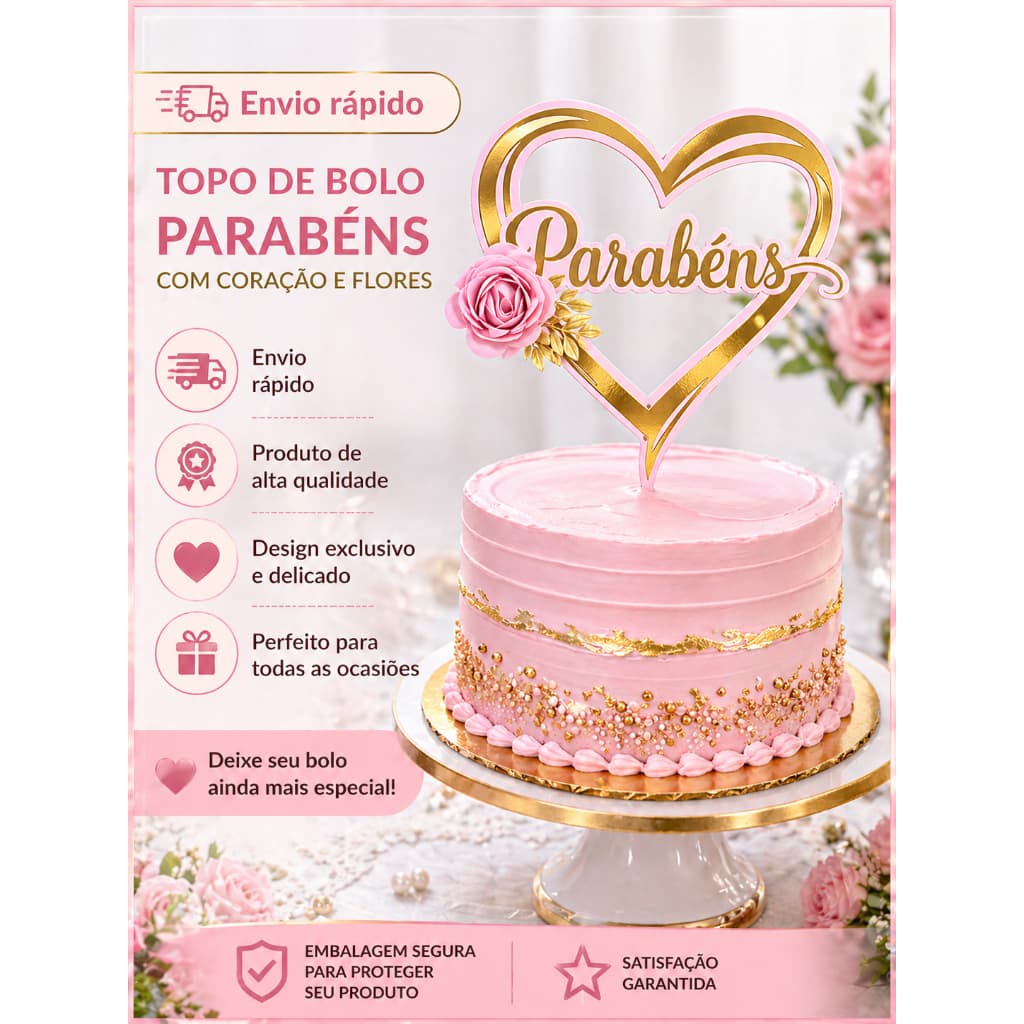 Topo/Topper de Bolo Parabéns no Coração Dourado com Flores – Luxo | Decoração para Festa