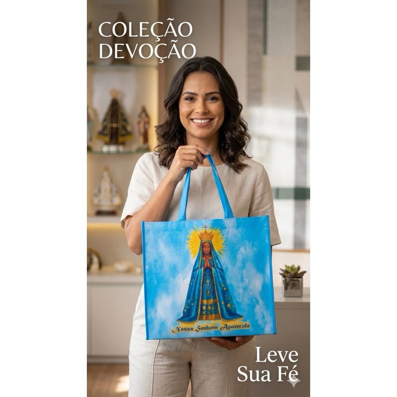 Bolsa Feminina Sacola Nossa Senhora Aparecida Retornável - Praticidade - Fé - Céu Azul 40cm