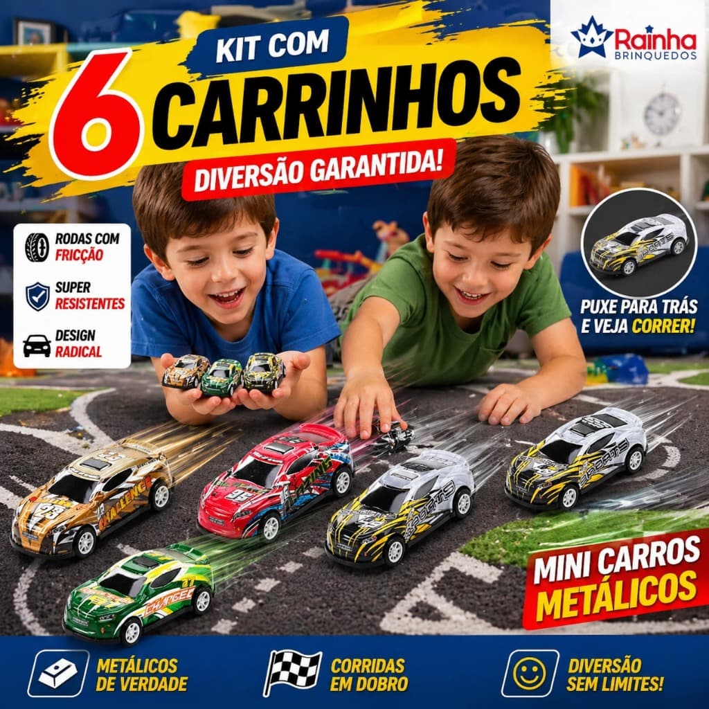 Kit Carrinhos Divertidos Metálico Mini Carros Brinquedo com Fricção