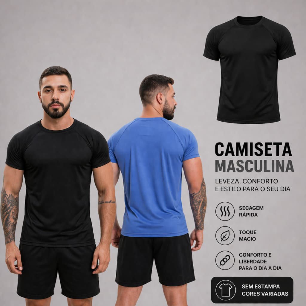 Camiseta Masculina Manga Curta Fitness, Academia, Treino, Esporte, Corrida Dry Fit Proteção