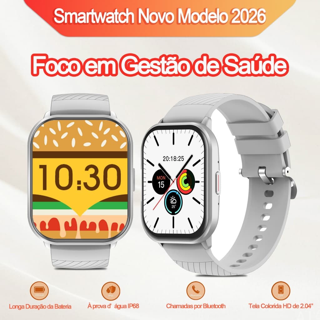 Relógio Inteligente HQ1 Chamadas Bluetooth Tela 2.04" Pressão Arterial Cardíaco 20Esportes Monitor Sono IP68 Presente