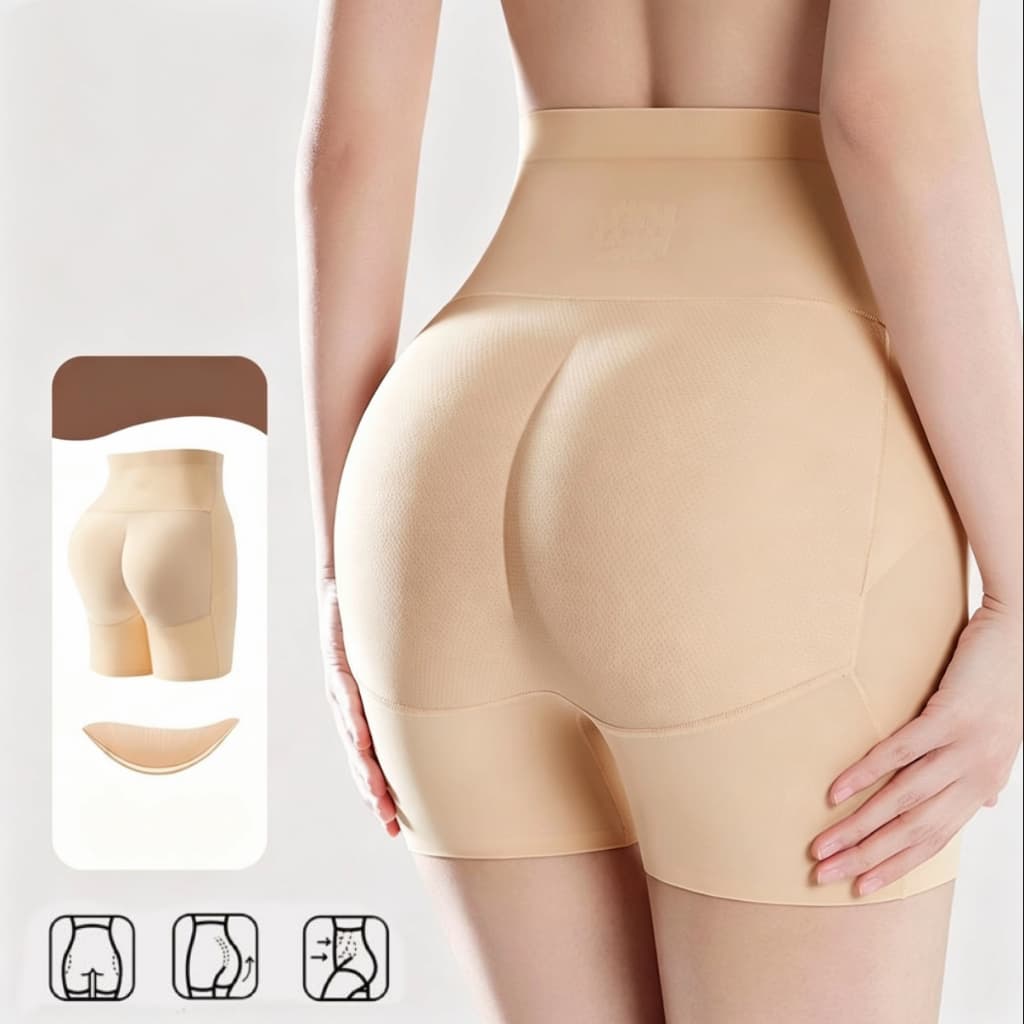 ​ Shorts Femininos Acolchoados Para Levantar O Bumbum , Preto/Bege  , Modelador De Cintura Alta Com Controle De Barrig