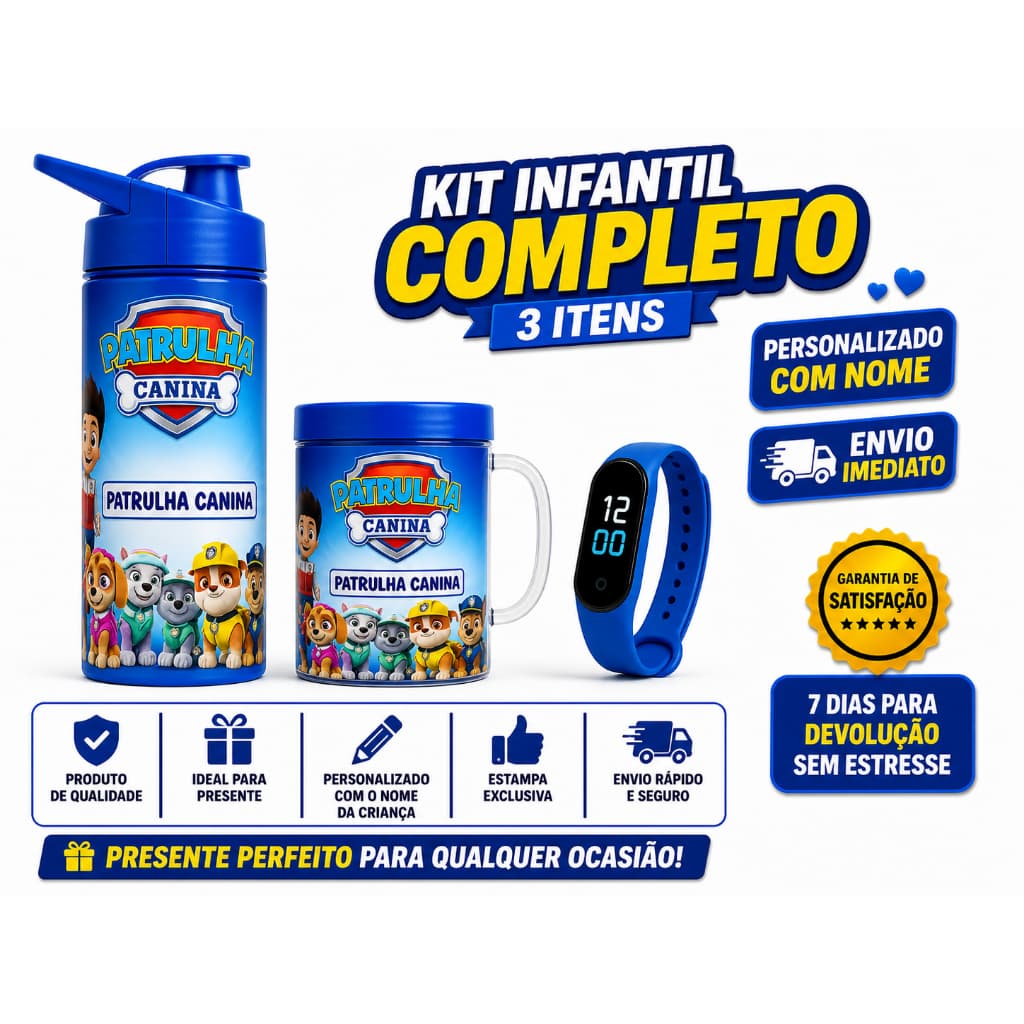 Presente Patrulha Canina - Garrafa Copo e Relógio Digital + Nome Personalizado PRESENTE ANIVERSÁRIO ESCOLA