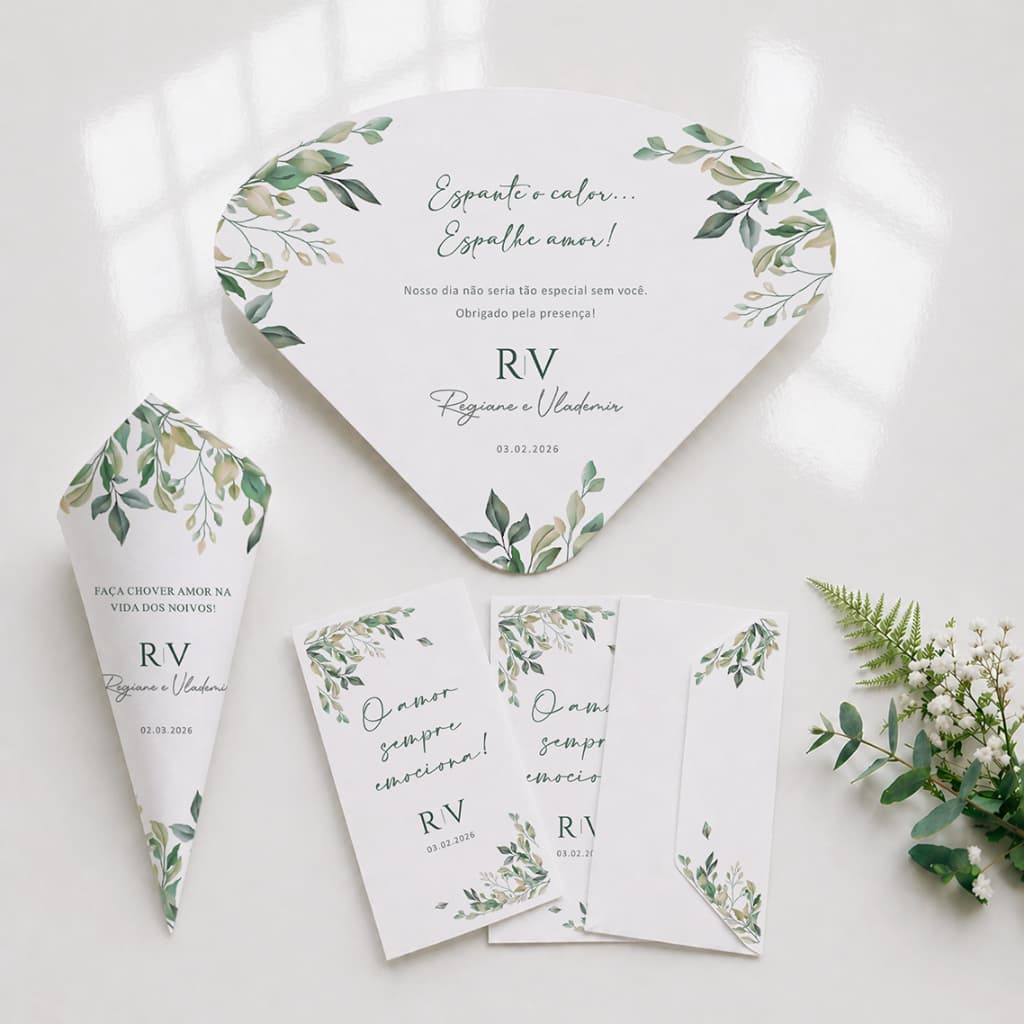 Kit Lenços Lágrimas de Alegria (50und), Ventarolas (50und) e Cones de Pétalas/Arroz (20und) Casamento Personalizado