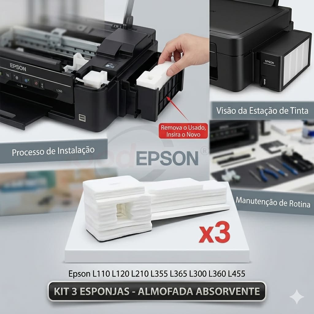 Kit 3 Esponjas Tinta Residual Epson L110 L120 L210 L355 L365 L300 L360 L455 – Almofada Absorvente Tanque