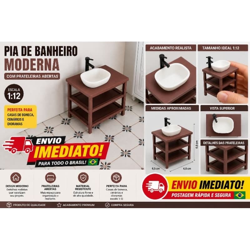 Pia de Banheiro Miniatura 1:12 com Prateleiras – Móvel Decorativo Casa de Boneca | Envio Imediato