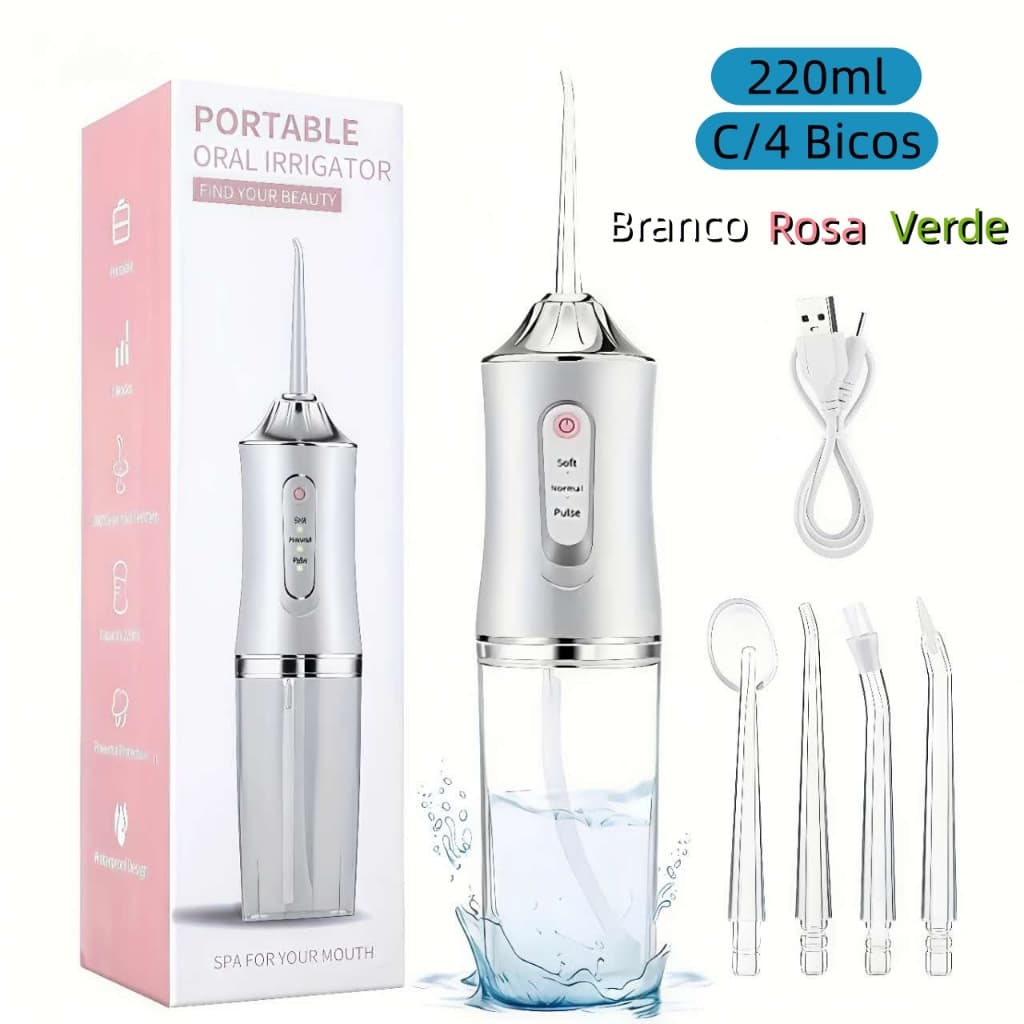 Irrigador Bucal/Oral Elétrico Portátil 220ml – Recarregável, 3 Modos, Limpeza Profunda com 4 Bicos
