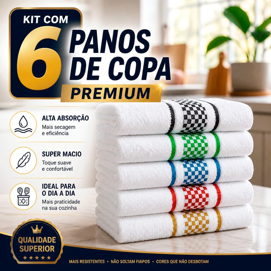 Kit 6 Pano de Copa Atoalhado Premium 45x70 Panos de Prato Jacquard Alta Absorção