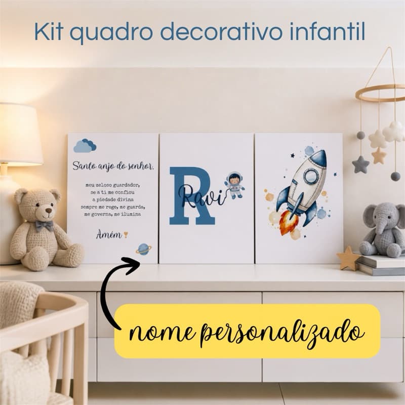 quadro decorativo quarto de bebê nenem infantil kit com 3 quadros astronauta nome personalizado tamanho 20x30 premium