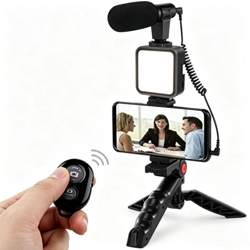 Kit de Gravação para Celular com Suporte, Microfone, Tripé, Luz LED e Controle Remoto Bluetooth - Ideal para Vídeos e Vi