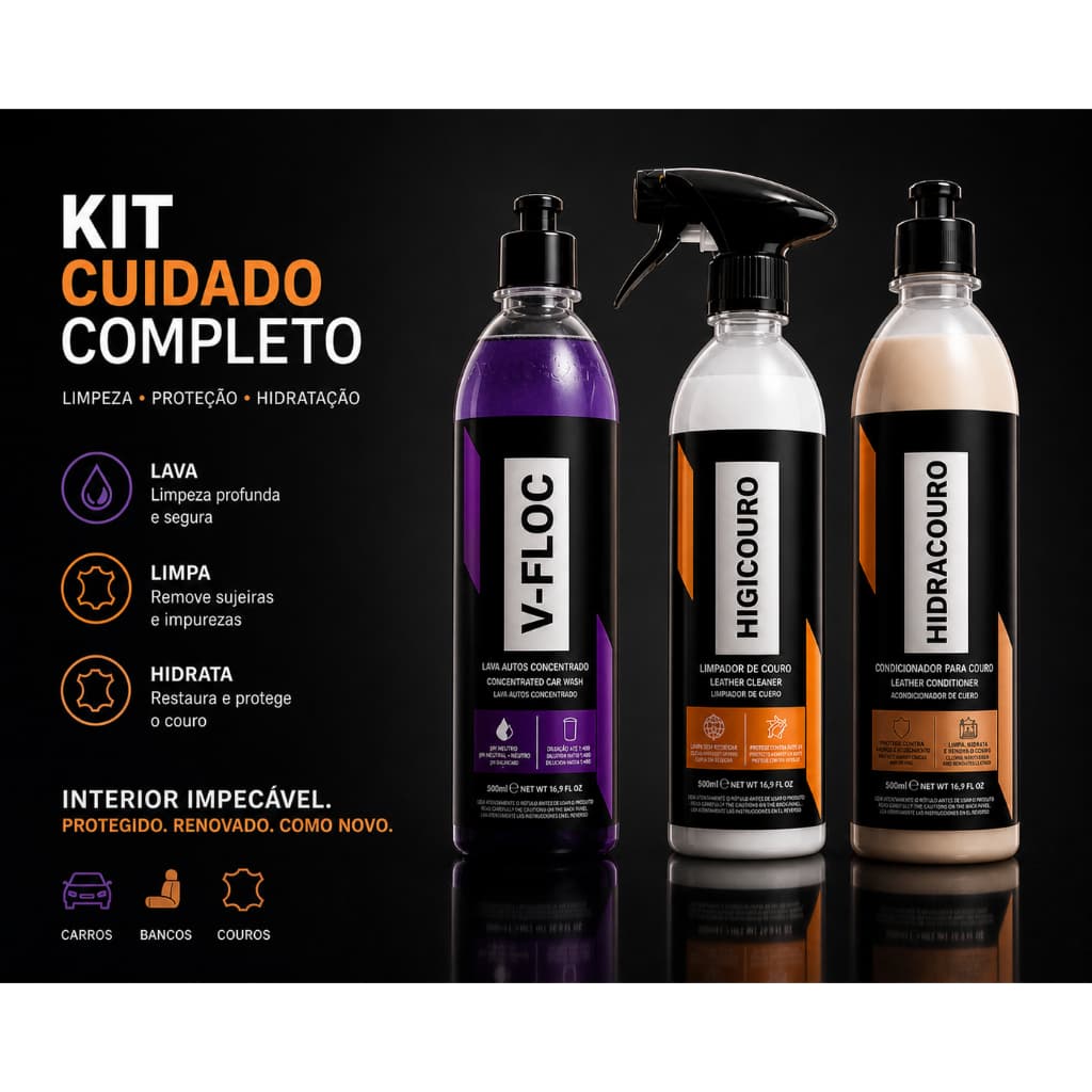 Kit Banco de Couro Novo de Novo | Limpa + Hidrata + Protege 3 em 1