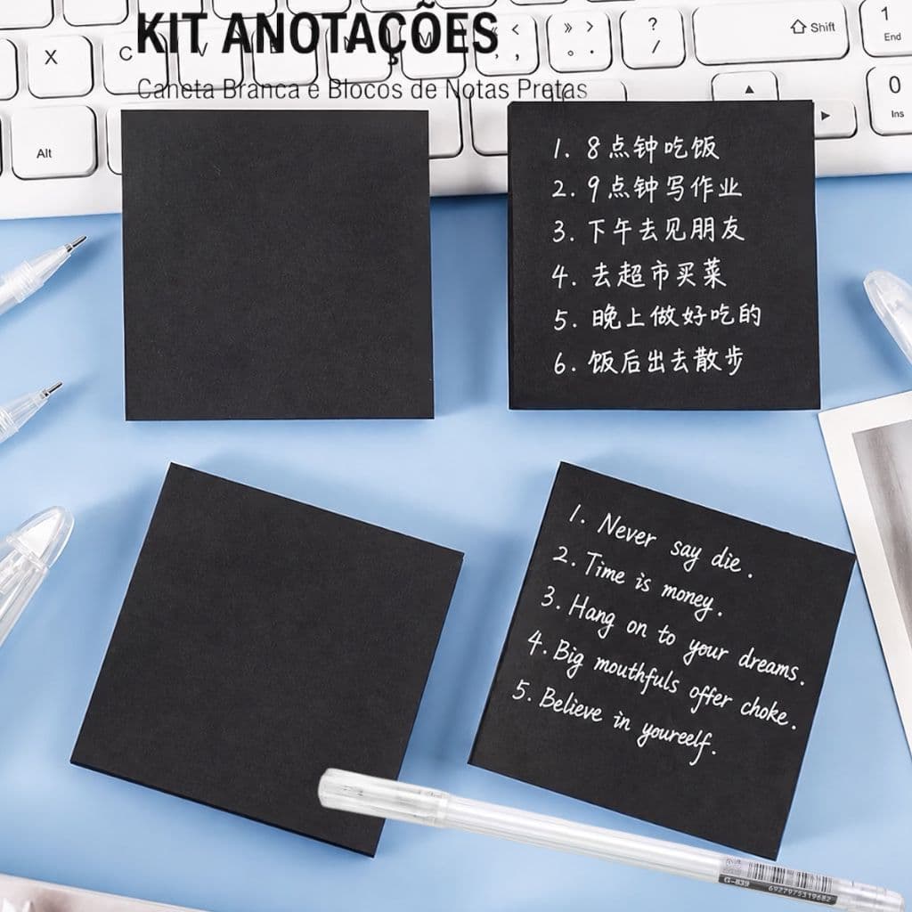 Kit Papel Preto Notas Adesivas + Caneta Branca Gel Criativo Planner Estudo Desenho