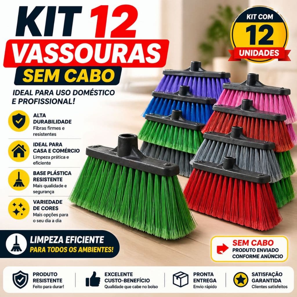 Vassoura Com Base de Plastico 12 Unidades sem cabos