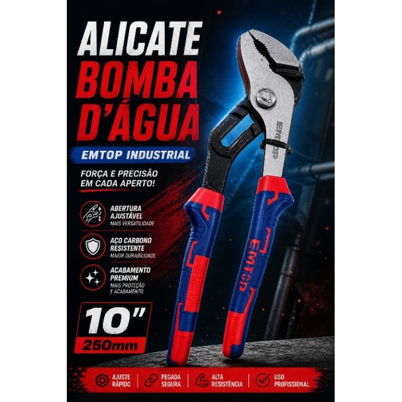 Alicate Bomba D’Água 10" (250mm) Bico de papagaio – Força, Precisão e Conforto - Cabo Emborrachado - EMTOP