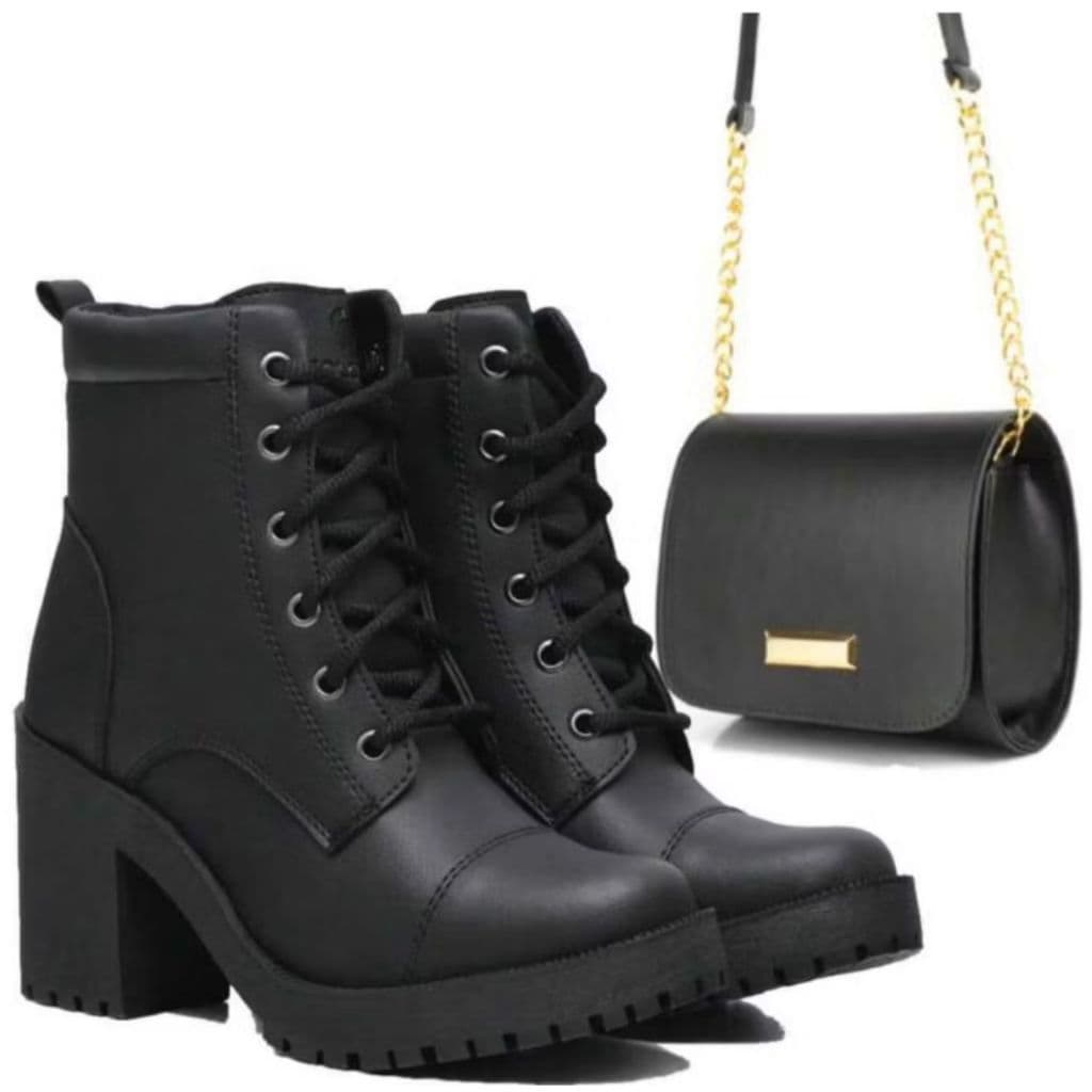 Bota Coturno Feminina Confortável De Salto Alto Blogueira Com Cano Medio Regulável + Bolsa Transversal Estilosa