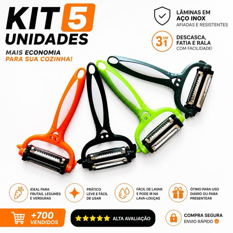 Descascador Premium 3 em 1 Kit 5, 10, 15 ou 20 Unidades Aço Inox Profissional Cozinha Multifuncional