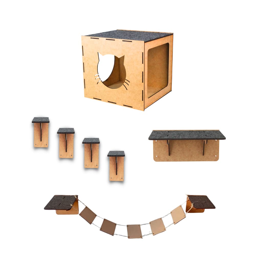 Playground para Gatos 7 Peças Mdf Brinquedo com Carpete Nicho Ponte Prateleira Degrau - Envio Rápido