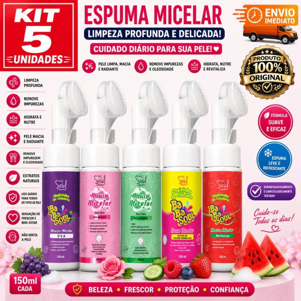 KIT 5 MOUSSE MICELAR , 150 ML ,DEMAQUILANTE, LIMPEZA PROFUNDA  HIDRATANTE  DERMATOLOGICAMENTE TESTADO ENVIO IMEDIADO
