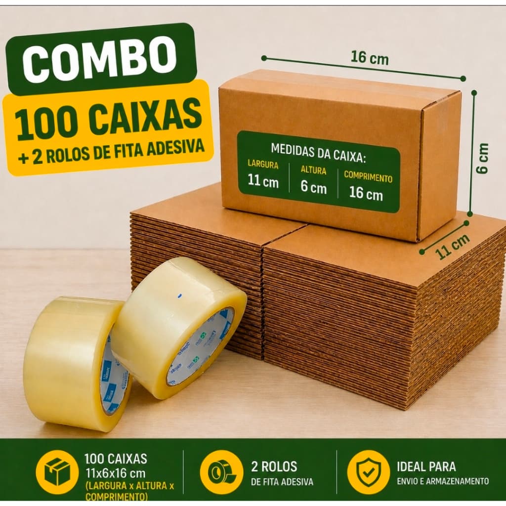 Kit 100 Caixa de Papelão + 2 Fita Adesiva Transparente Envio Embalagem Premium Alta Qualidade