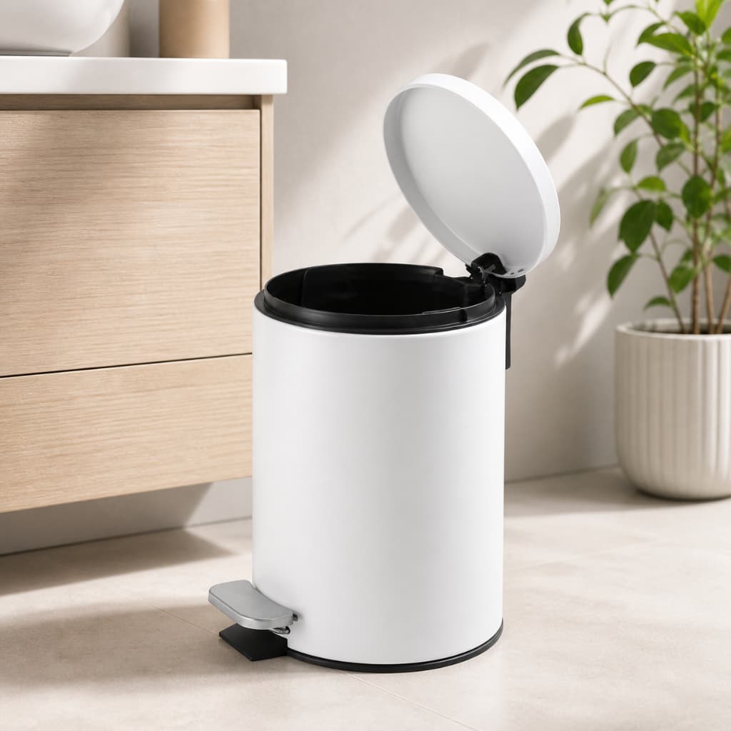 Lixeira Redonda Pedal 5 Litros Branco Matte Aço Resistente Multiuso Cozinha Banheiro Escritório