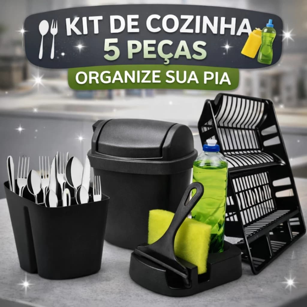 Kit Cozinha Escorredor Lixeira Rodo de Pia Porta Talher Porta Detergente Multiuso