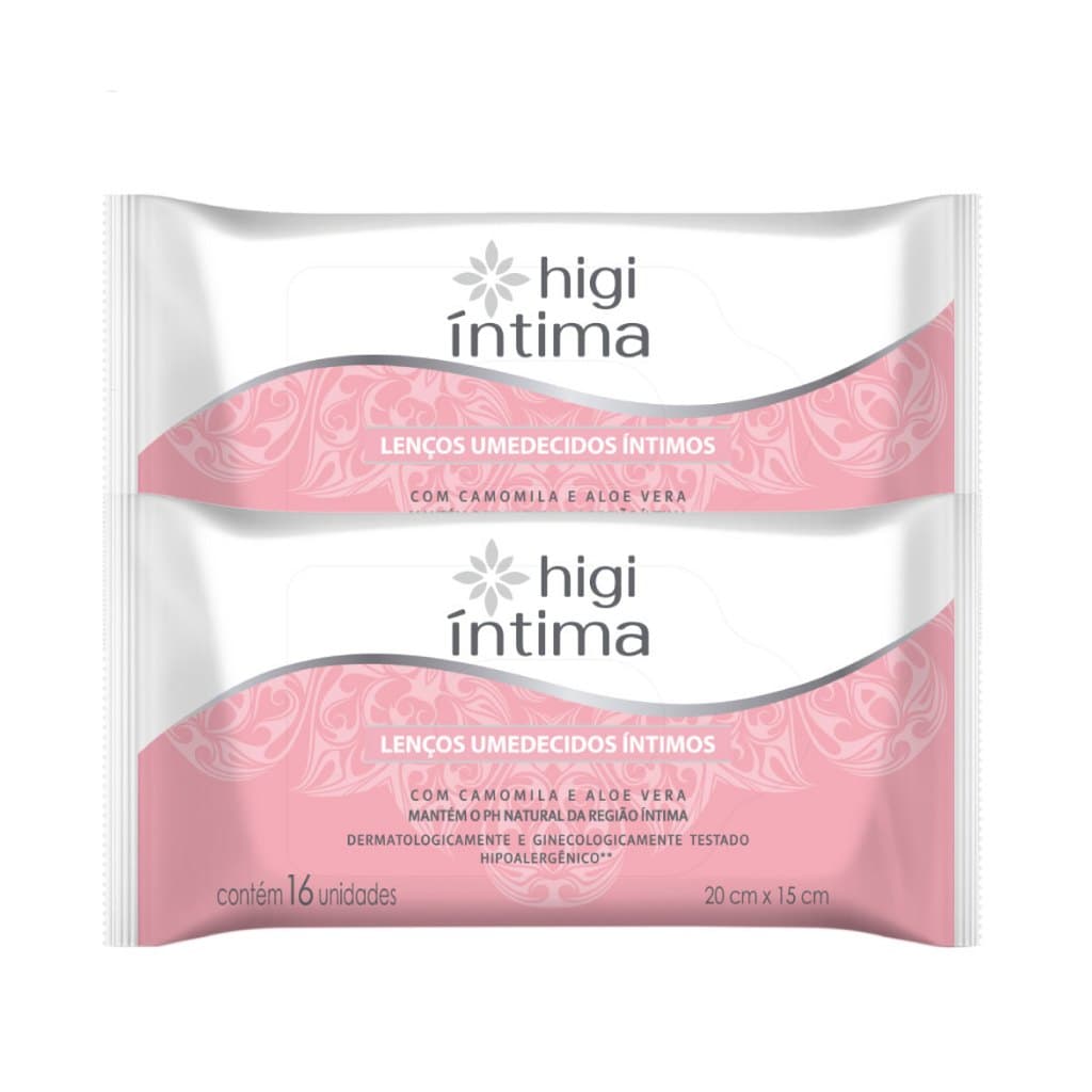 Combo 2 Lenços Umedecido Íntimo Feminino 16 Unidades cada com Camomila e Aloe Vera pH Neutro Hipoalergênico Higi Íntima