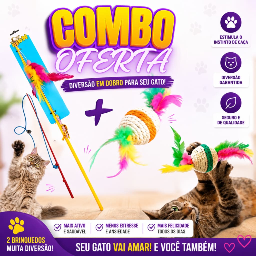 Kit Gato Varinha Interativa + Bola Sisal Com Catnip Brinquedo Anti Tédio