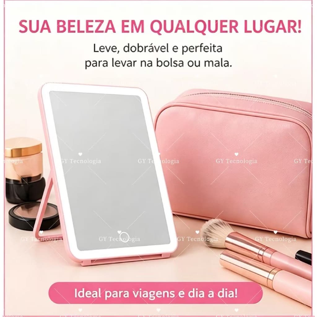 Espelho de Maquiagem LED Iluminado USB Recarregável 3 Luzes Touch Portátil Dobrável