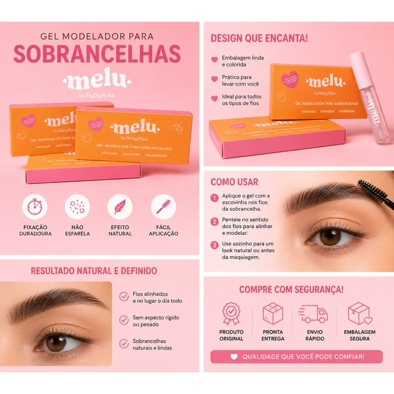 Gel Para Sobrancelha Melu Ruby Rose Fixador Transparente Longa Duração Efeito Natural Não Esfarela