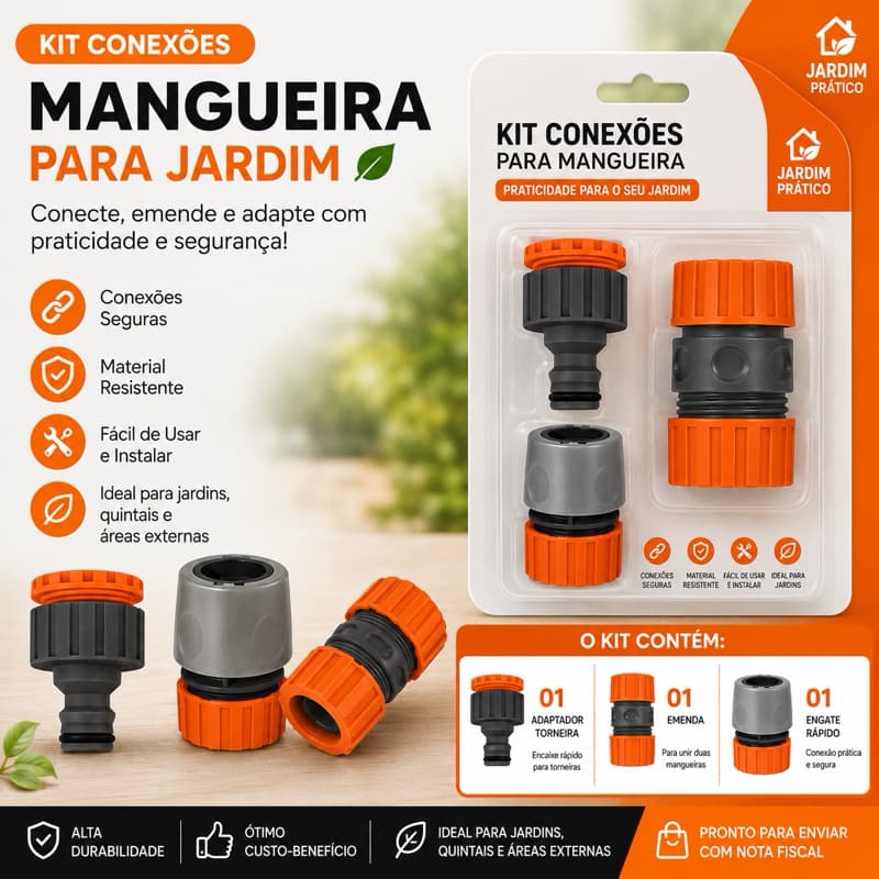 Kit 3 peças Conector Engate Rápido Tramontina para Mangueira Jardim Adaptador + Emenda Universal