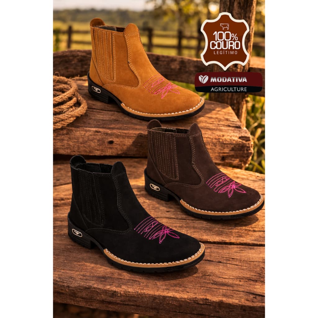 Bota Country Botina Texana Feminina Couro Nobuck Legitimo Rodeio Bico Quadrado - Pronta Entrega