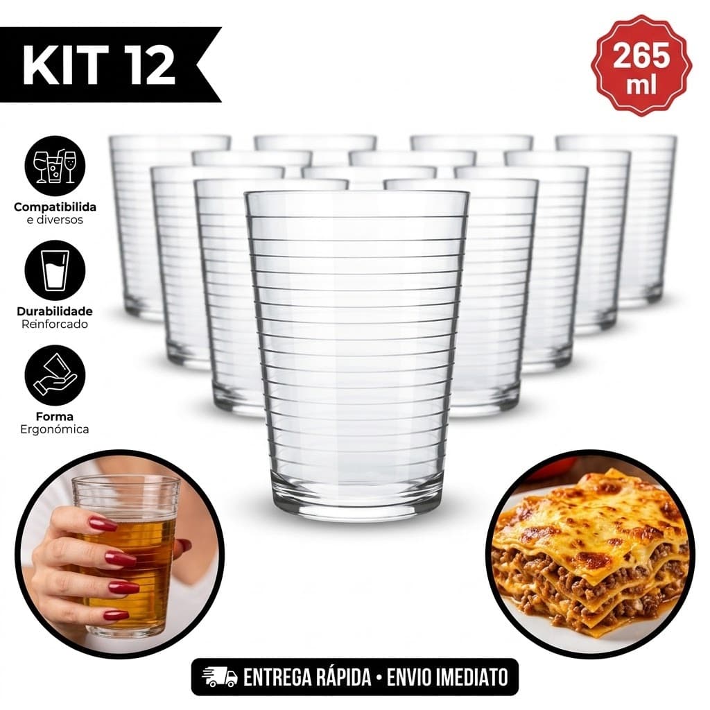 KIt Jogo de12 Copo de vidro Ginga 265ML Conjunto Bebidas Multiuso Ergonomico Nadir Restaurante