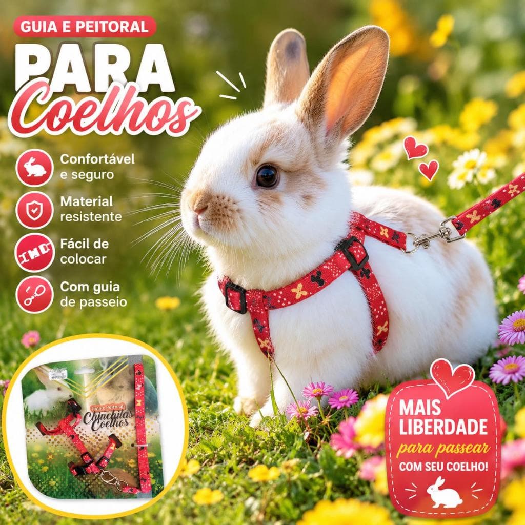 COLEIRA PEITORAL AJUSTÁVEL PARA COELHO COM GUIA | CHINCHILA | PORQUINHO-DA-ÍNDIA | MINI PETS
