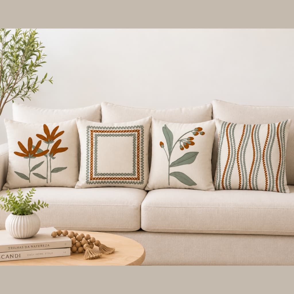 Kit 4 Capas de Almofada Linho Estampada Moderna Folhagens Terracota e Cinza Menta 43x43cm decoração Sofá Sala
