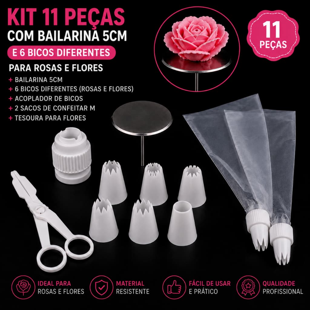 Kit Bailarina de Rosas 5cm + Tesoura + 6 Bicos de Confeitar + 2 Sacos Tamanho Médio Para Flores