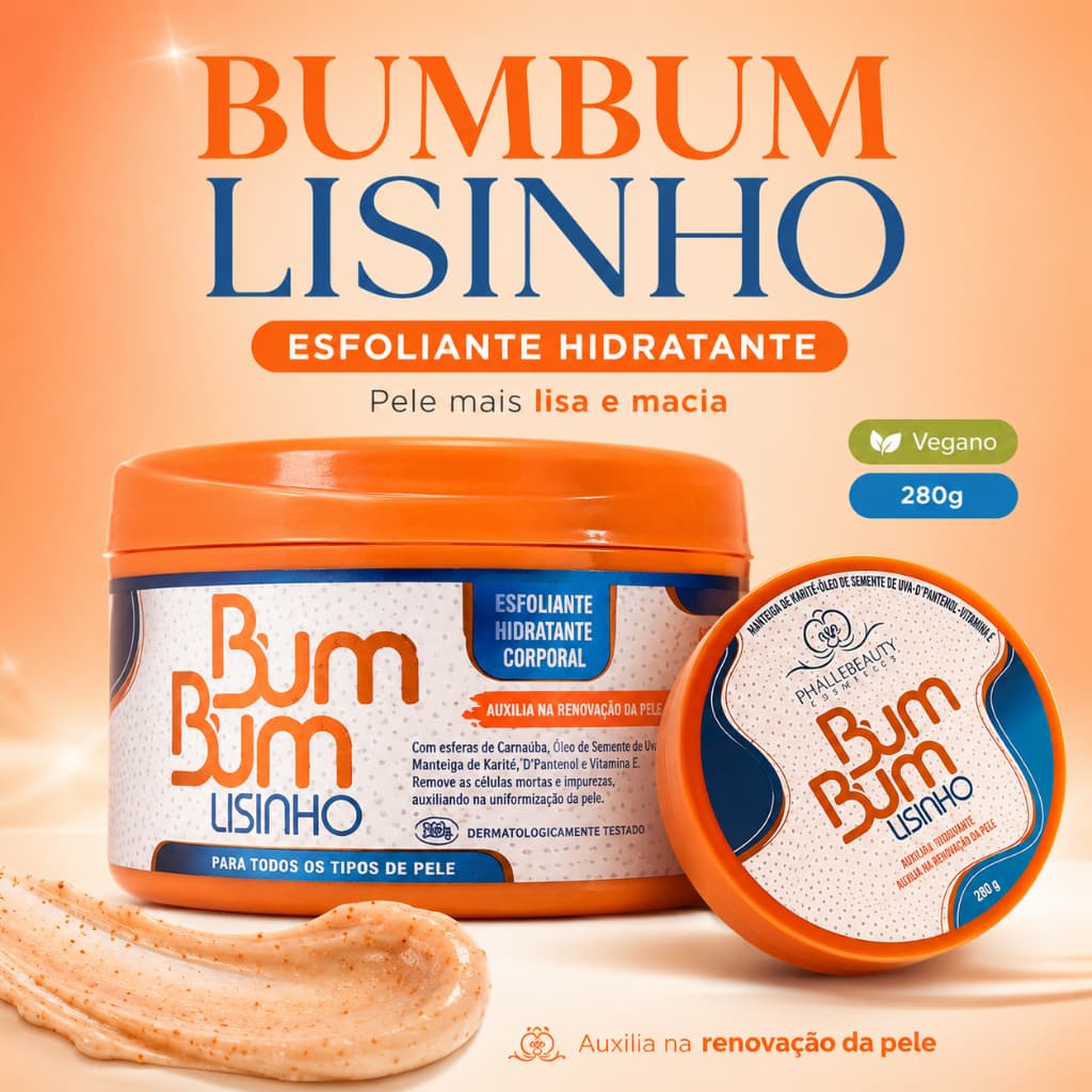 Esfoliante Corporal BumBum Lisinho Phallebeauty Hidratante Vegano 280g Pele Lisa e Macia