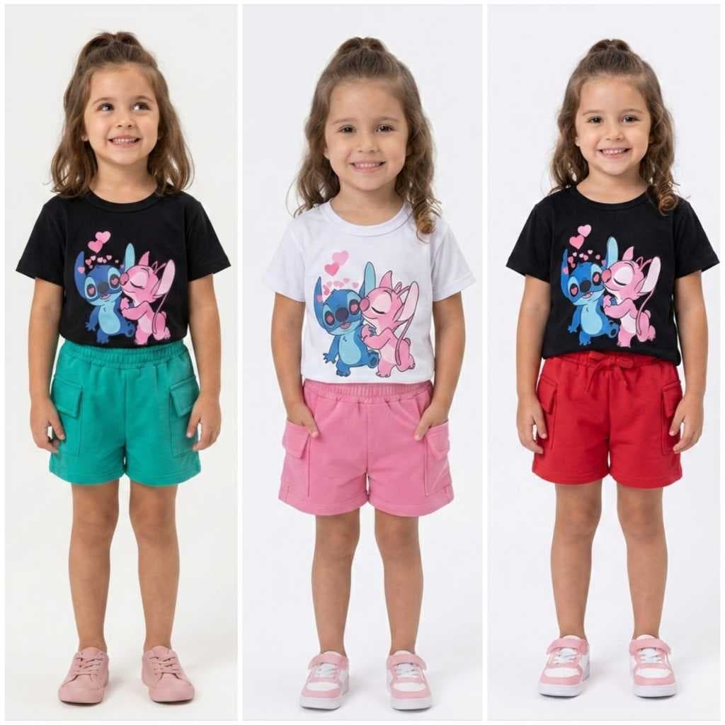 Conjunto Infantil Feminino Stitch em Malha e Moletinho – Blusa Estampada + Short Cargo | 4 e 6 Anos 💖✨
