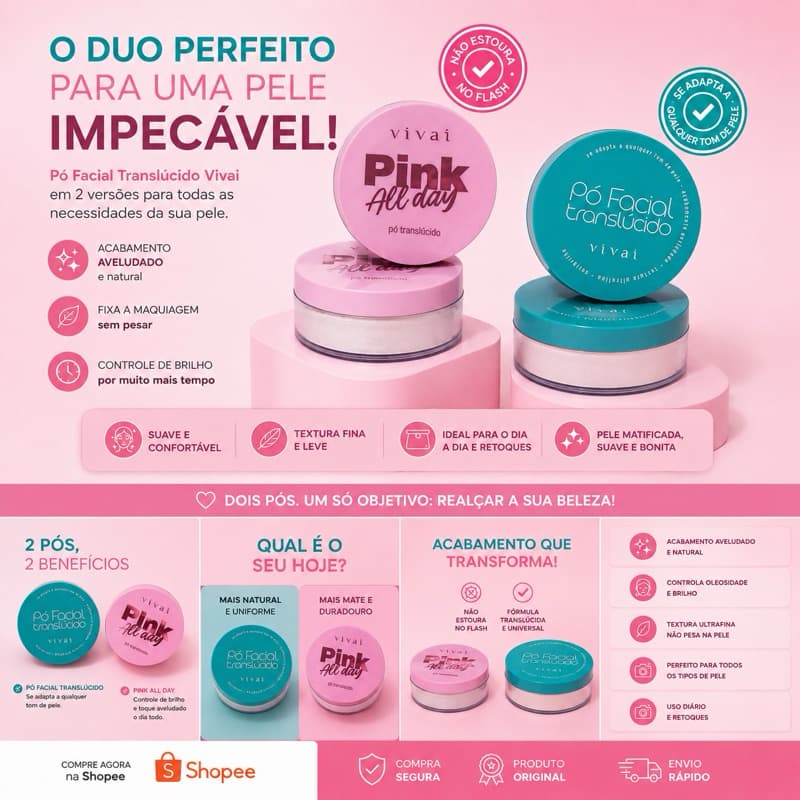 Pó Translúcido Vivai Matte Pink All Day | Pó Facial Solto Compacto Controle Oleosidade Maquiagem Sem Flash