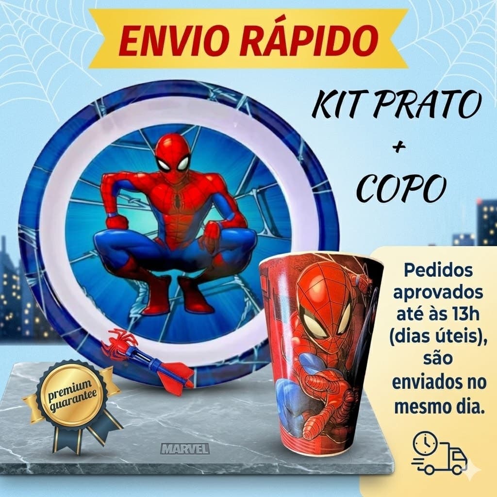 Prato Copo Kit Refeição Infantil Homem-Aranha Marvel Spider Man Tea Pratinho Vingadores Divertido