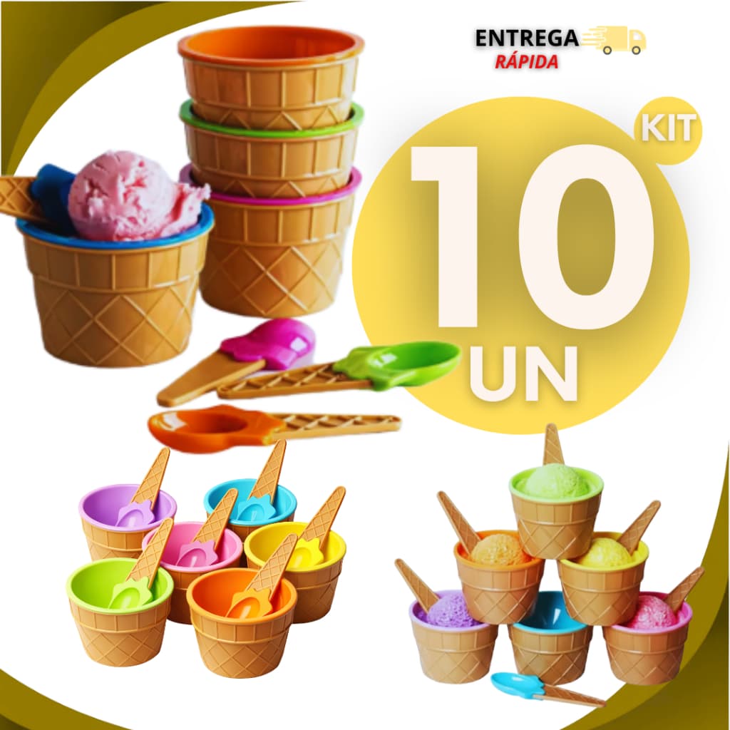 Pote De Sorvete e Sobremesa em Formato De Casquinha De Sorvete Com Colher Cores Sortidas