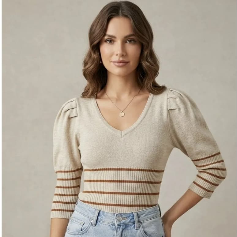 Blusa Feminina Tricô Modal Manga Curta Listrada Veste Tamanho P Envio Rápido