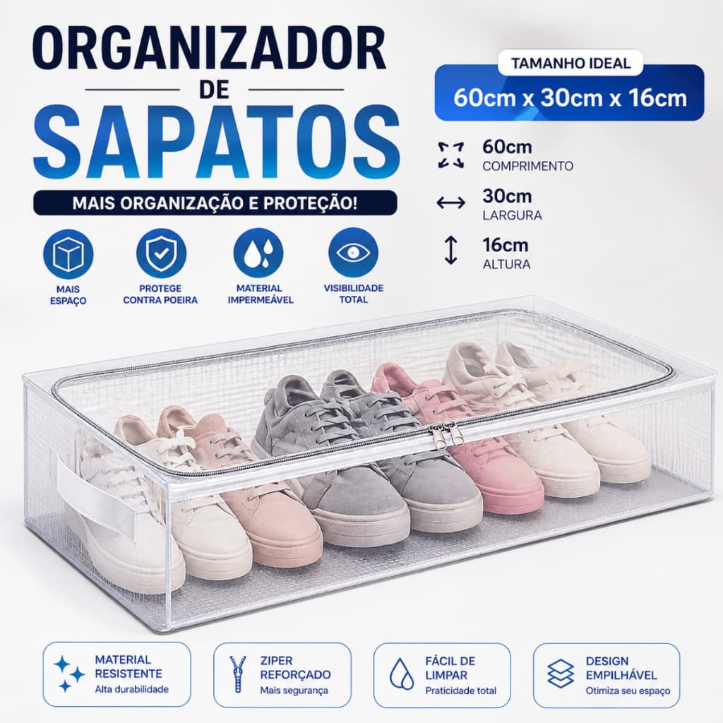 Organizador De Sapatos Sapateira Transparente Gaveta Empilhável 15x60x30 Cm