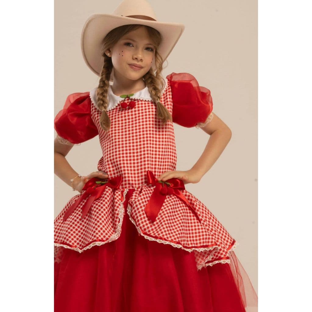 Vestido Cereja Infantil Junina Arraía Menina Blogueirinha Rodado Luxo Festa Aniversário Temático Delicado