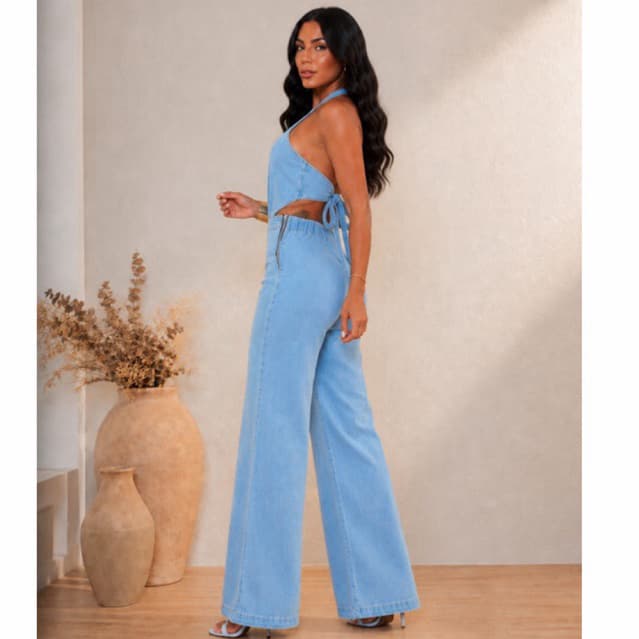 Macacão Jeans Feminino Aberto Atrás Com Elástico Na Cintura