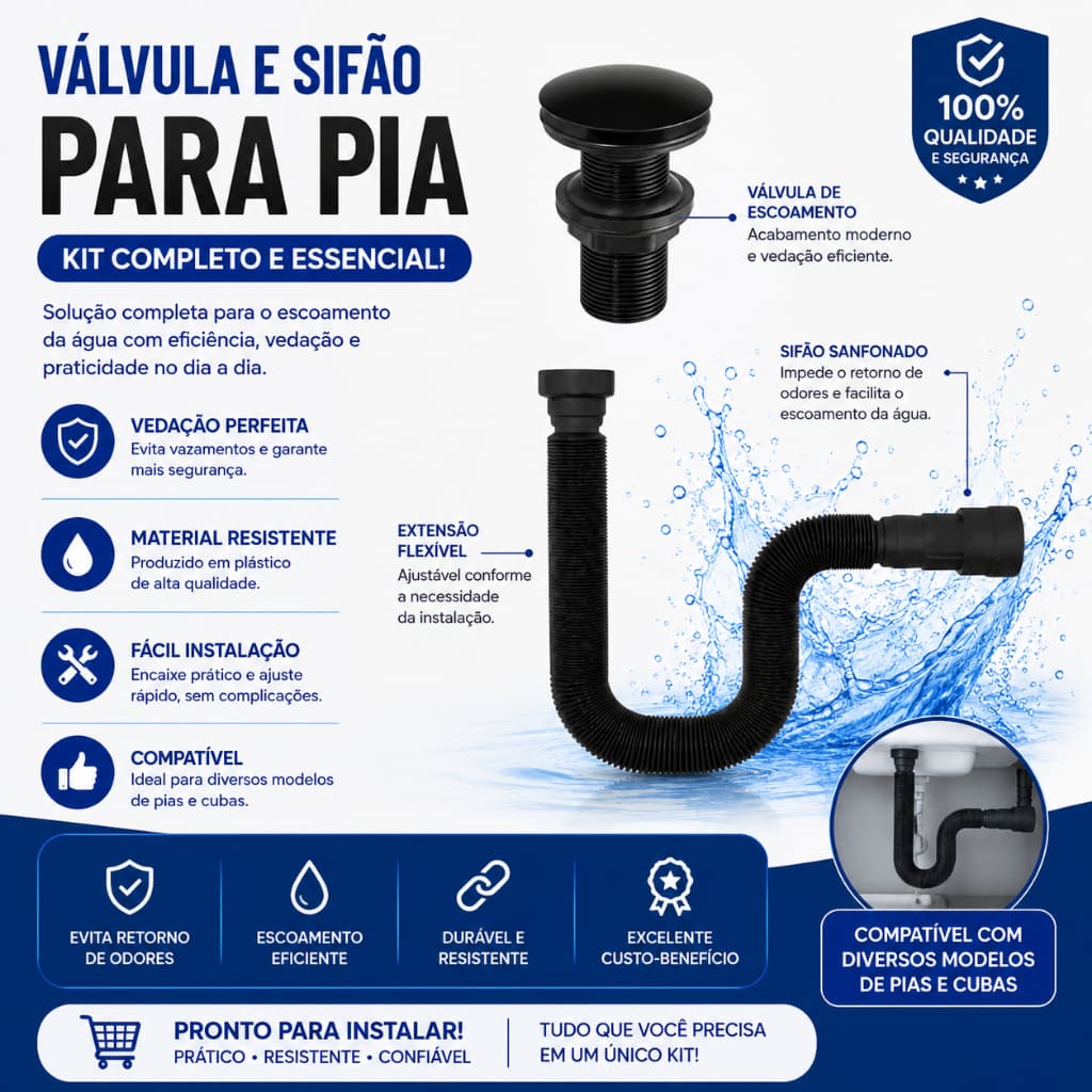 Kit Sifão Universal Preto + Válvula Click-Up Lavatório Cuba