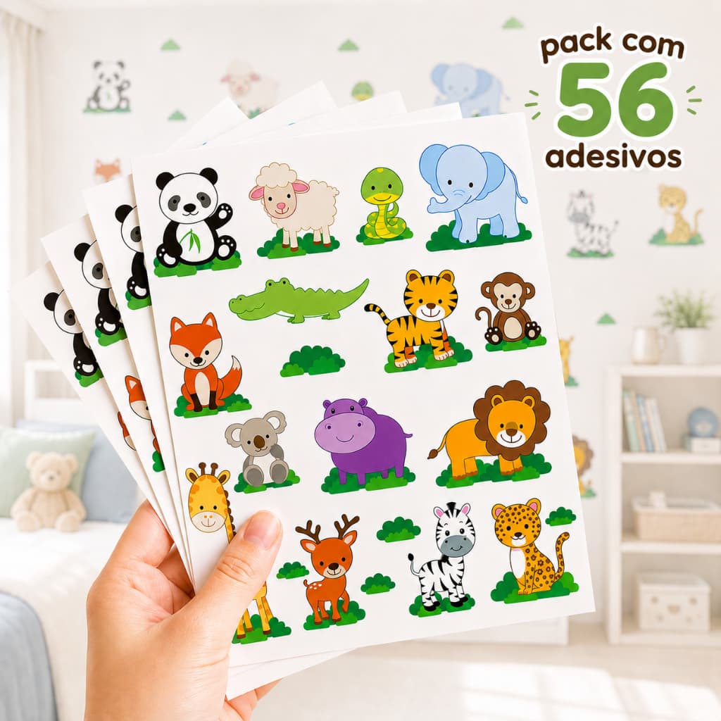 Adesivo de Parede p/ Quarto Infantil - Safari Bichinhos Fofos - Contém 56 Peças em Diversos Tamanhos