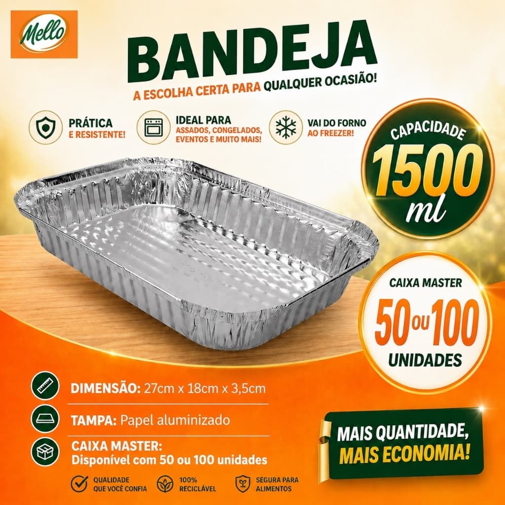 KITs 50 ou 100 Bandeja descartável de Alumínio 1500 ML com tampa