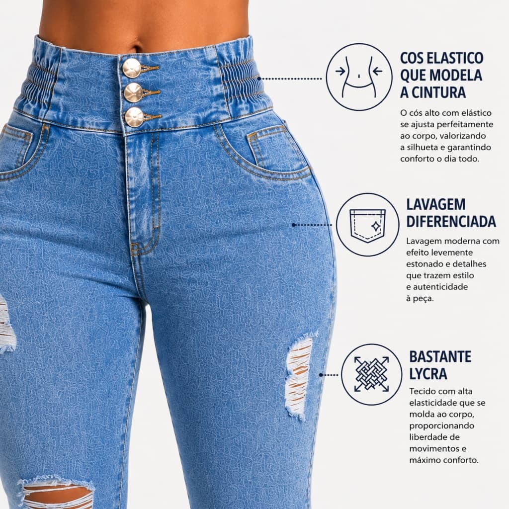Calça Jeans Feminina Skinny Acompanha Corrente Cintura Alta Com Lycra Country Modeladora Chata Barriga Lipo Elastano