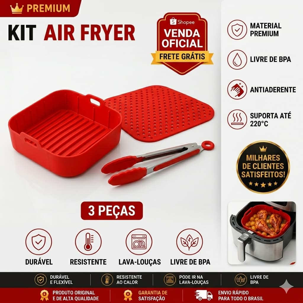 Kit Air Fryer Silicone 3 Peças Forma + Tapete + Pegador Reutilizável